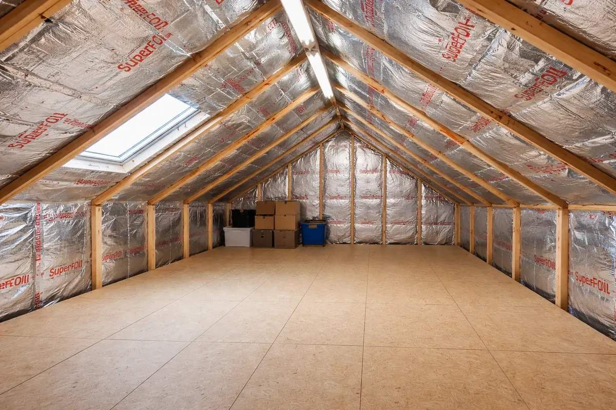 A boarded loft with foil-faced insulation lining the roof