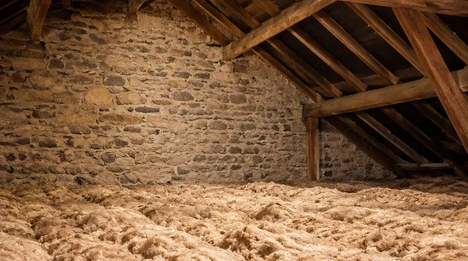 Mineral wool loft insulation laid across the joists of a loft floor